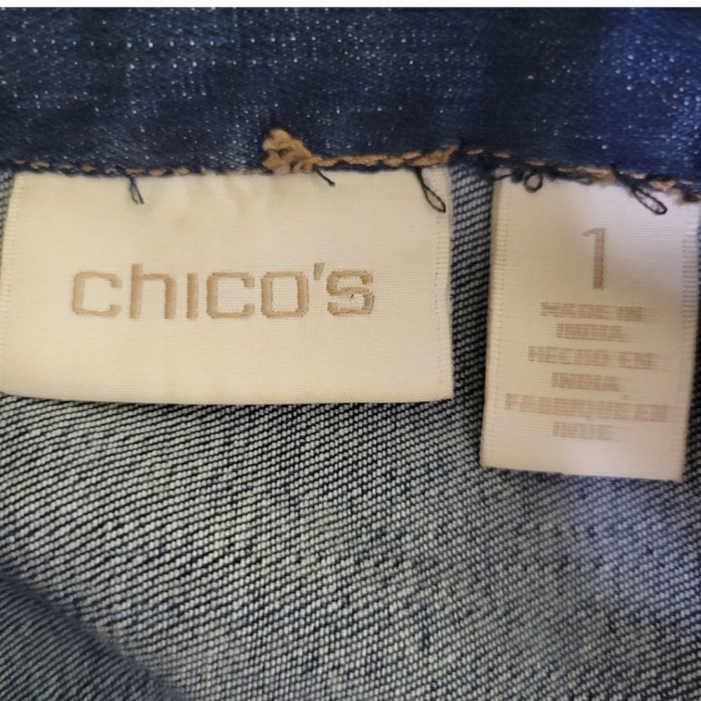CHICO'S BEADED LEOPARD EMBELLISHED STRETCH DENIM JACKET BLUE BROWN TAN 1 medium - Picture 5 of 9